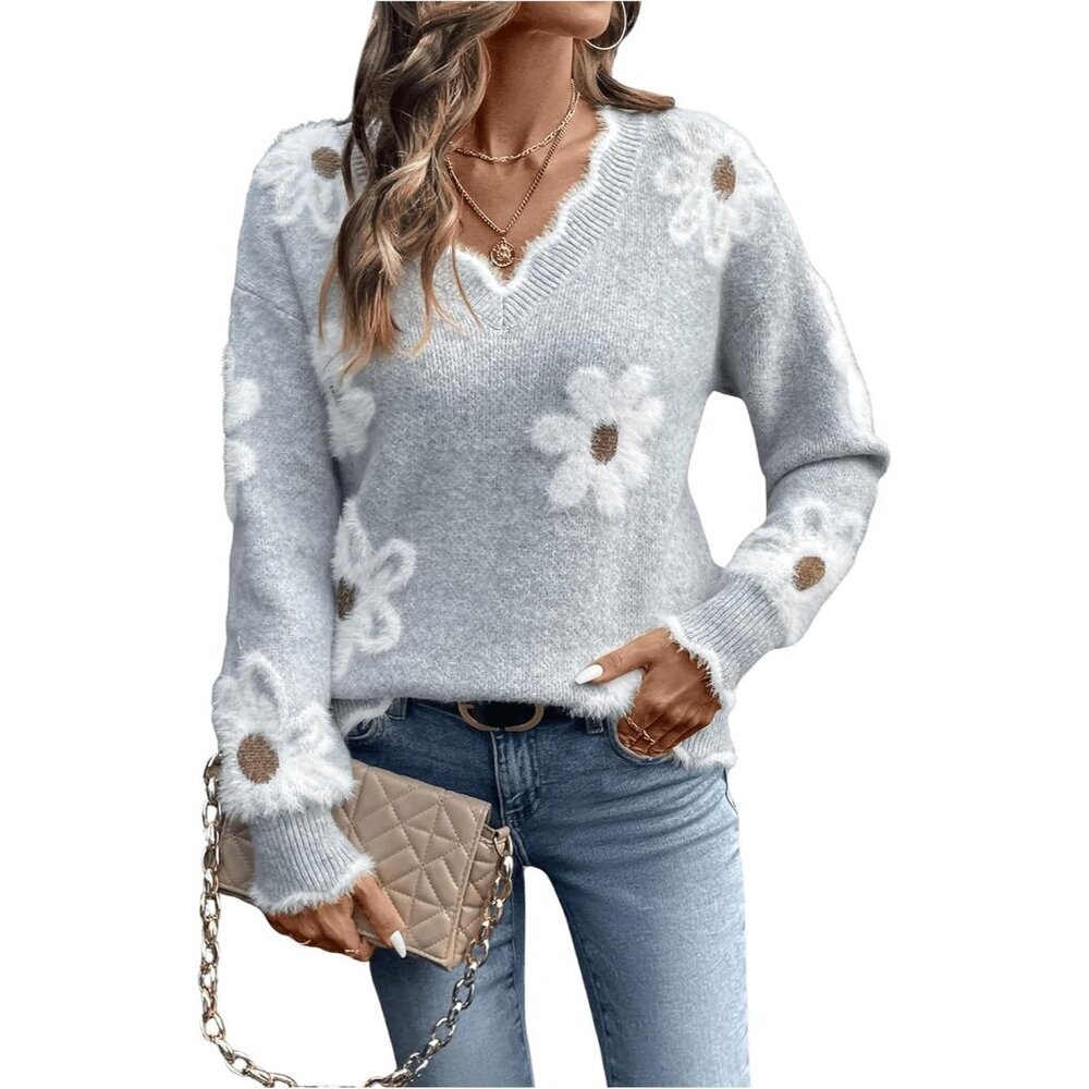 Women's Floral Knit Sweater V Neck Long Sleeve Drop Shoulder Pullover Tops